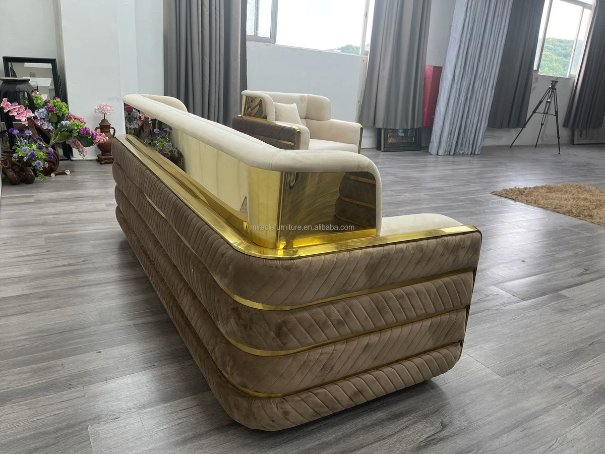 Luxury Furniture Italian Design Living Room Sofa Beige Velvet Fabric Upholstery Sofa Set Furniture for Villa