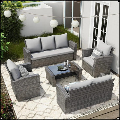 5-Piece Patio Set All Weather Wicker, Outdoor Sofa with Cushions & Glass Table, Grey Conversation Set