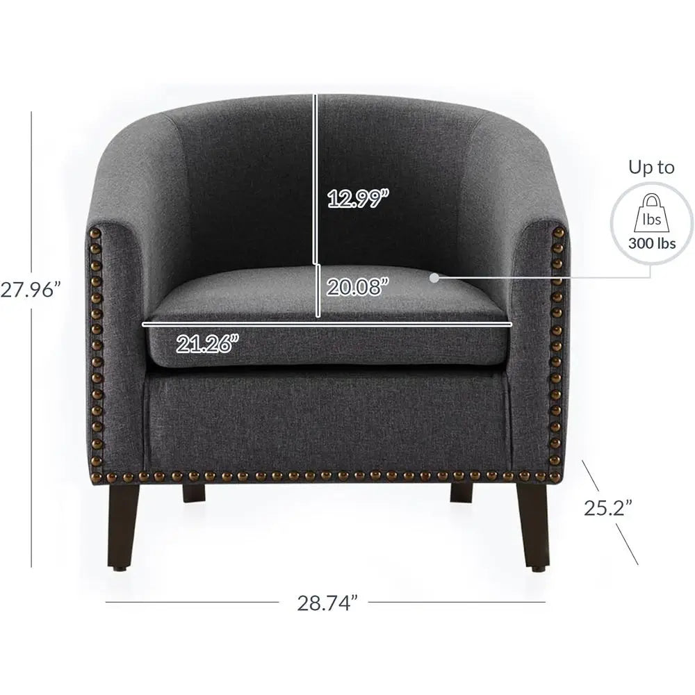 Linen-Gray Accent Barrel Chair with Gold Nailhead Trim and Black Legs for Living Room or Bedroom Lounge