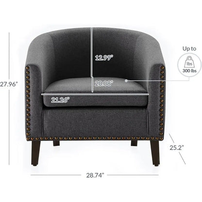 Linen-Gray Accent Barrel Chair with Gold Nailhead Trim and Black Legs for Living Room or Bedroom Lounge