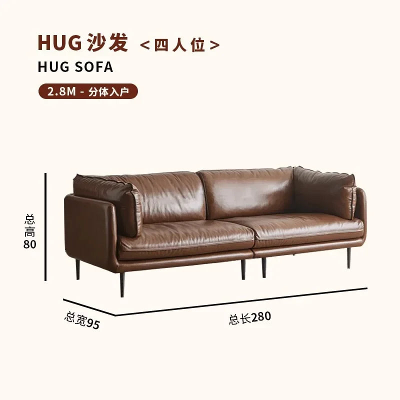 Retro oil wax leather sofa down large living room Nordic simple medium and ancient style straight row leather art sofa