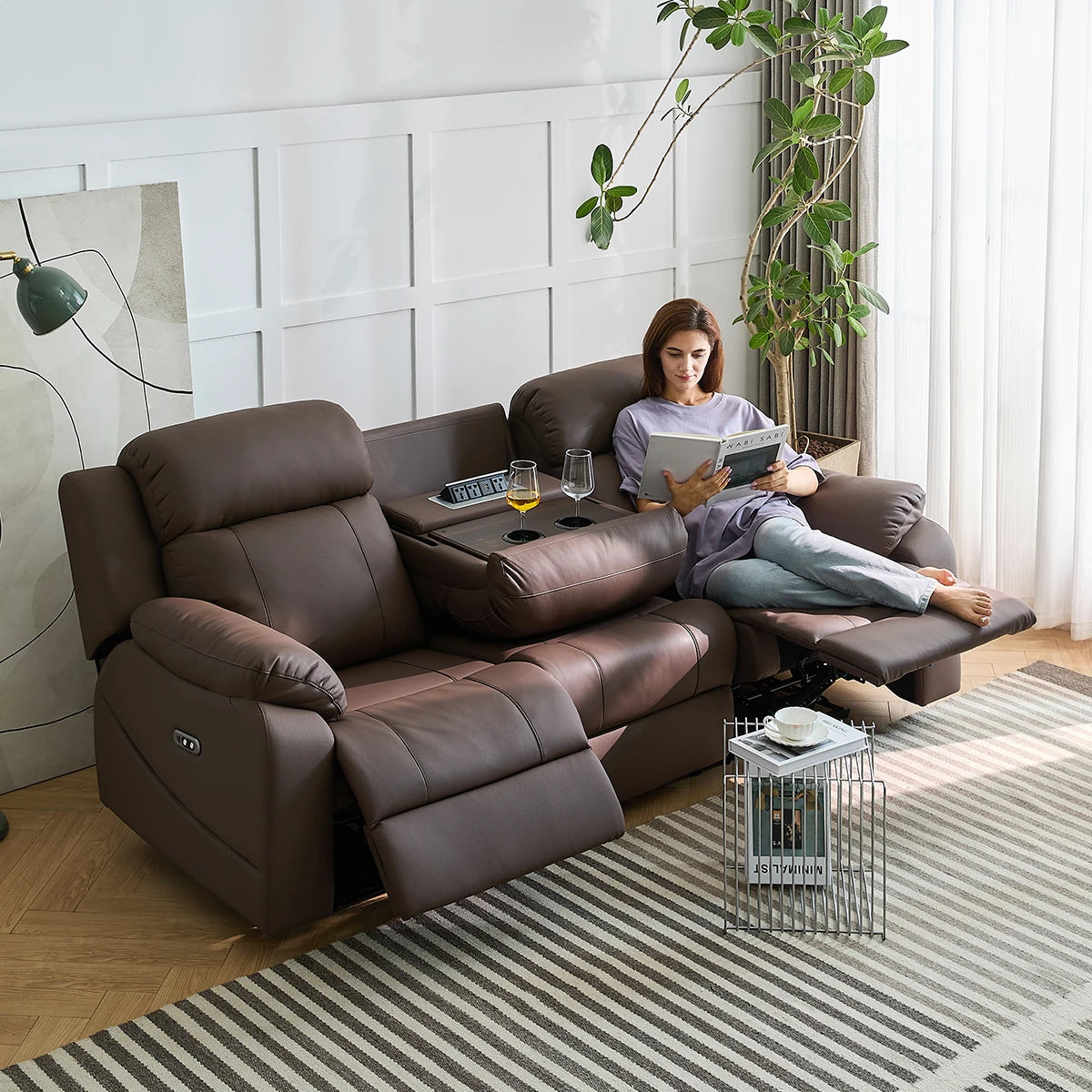 Sofa with Power Outlet, USB, and Hidden Cup Holders – Genuine Leather Recliner