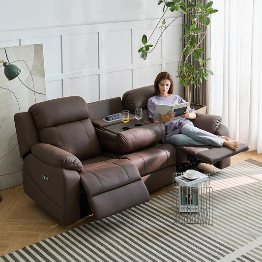 Sofa with Power Outlet, USB, and Hidden Cup Holders – Genuine Leather Recliner