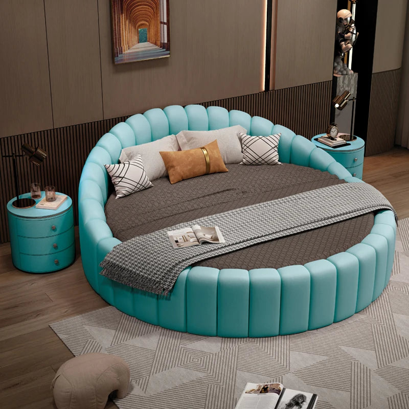modern simple round bed leather double apartment master bedroom princess bed marriage base de cama king size home furniture