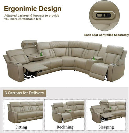 Power Reclining Sectional Sofa USB Chargers and Storage Console, Leather Recliner Sofa for Living Room Furniture Set
