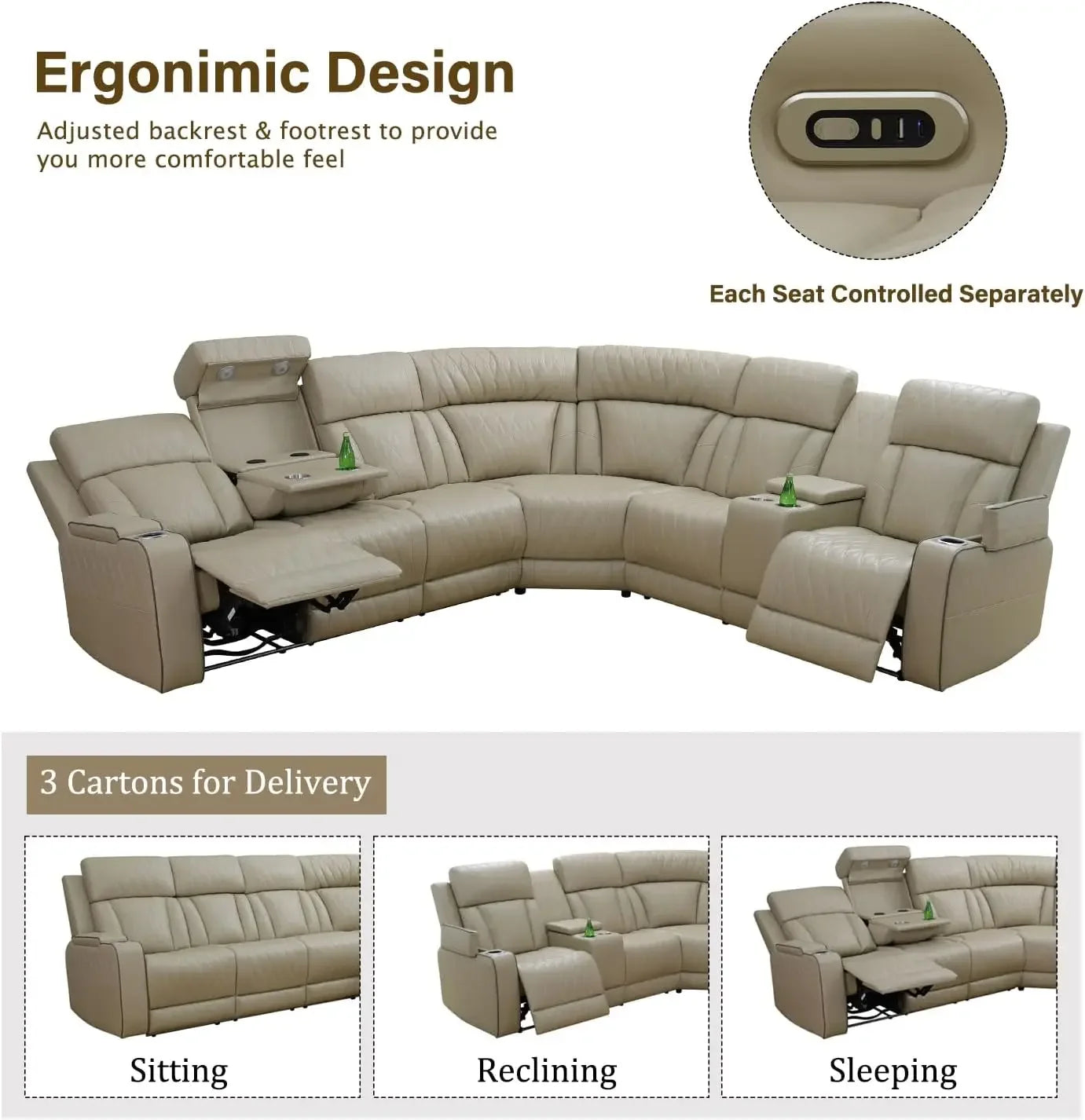 Power Reclining Sectional Sofa USB Chargers and Storage Console, Leather Recliner Sofa for Living Room Furniture Set