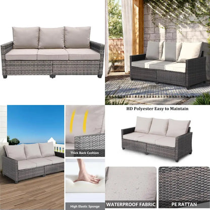 "3-seat weather-resistant wicker patio sofa with high curved back and plush cushions"