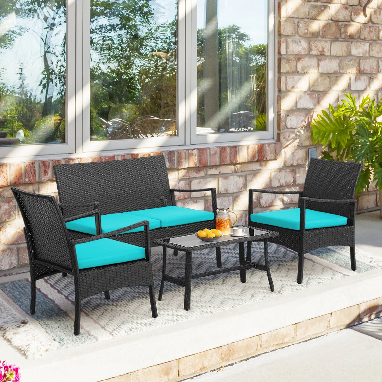 4PCS Patio Wicker Furniture Set Cushioned Chairs& Loveseat with Coffee Table Garden