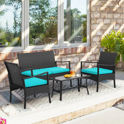 4PCS Patio Wicker Furniture Set Cushioned Chairs& Loveseat with Coffee Table Garden