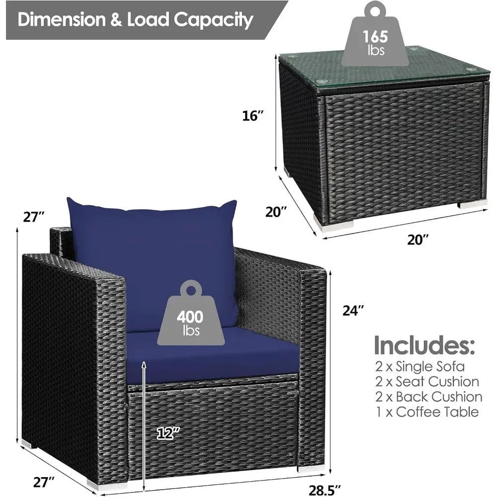 Three Piece Patio Set, Outdoor Rattan Sofa With Cushions, Tempered Glass Tabletop, Wicker Conversation Furniture