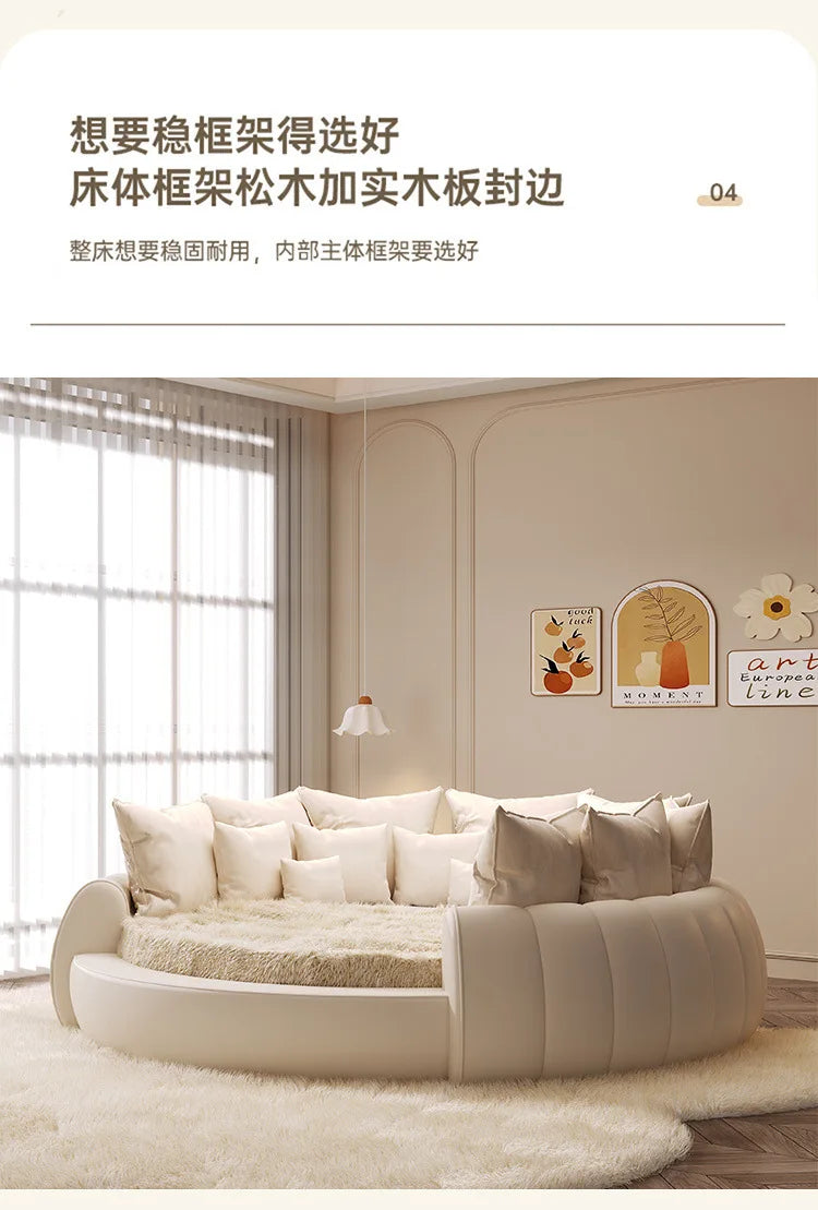 X 2.2×2m Master Bedroom Big Round Bed Modern Hotel Guest House Cream Wind Luxury White Leather Full Bed Frame Lazy Cloud Section