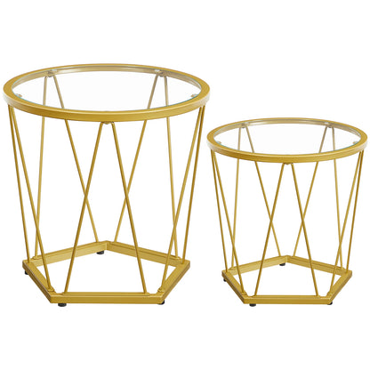 HOOBRO Coffee Table Set of 2 Round Coffee End Table with Metal Frame Glass Top Gold Side Table for Living Room and Balcony