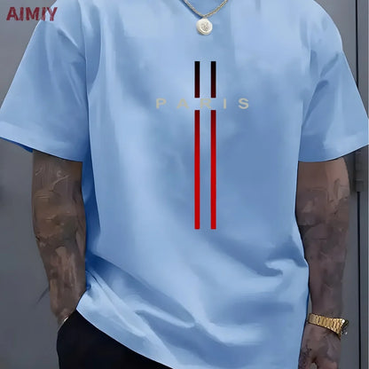 Summer Men's T-shirt Top Casual Loose Fit Oversized T-shirt PARI Letter Pattern Printed Round Neck Short Sleeved Homme Vêtement