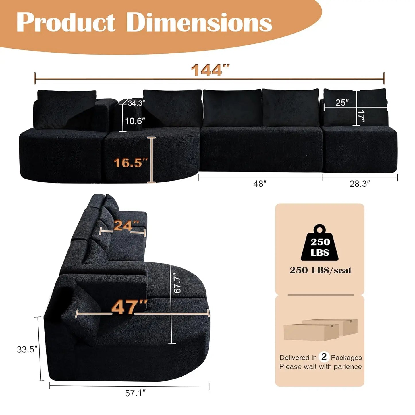 Boneless Couches for Living Room, Comfy U-Shaped Cloud Couch Sectional with Chaise Lounge, Modern Deep Seat Black, Customized