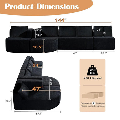 Boneless Couches for Living Room, Comfy U-Shaped Cloud Couch Sectional with Chaise Lounge, Modern Deep Seat Black, Customized