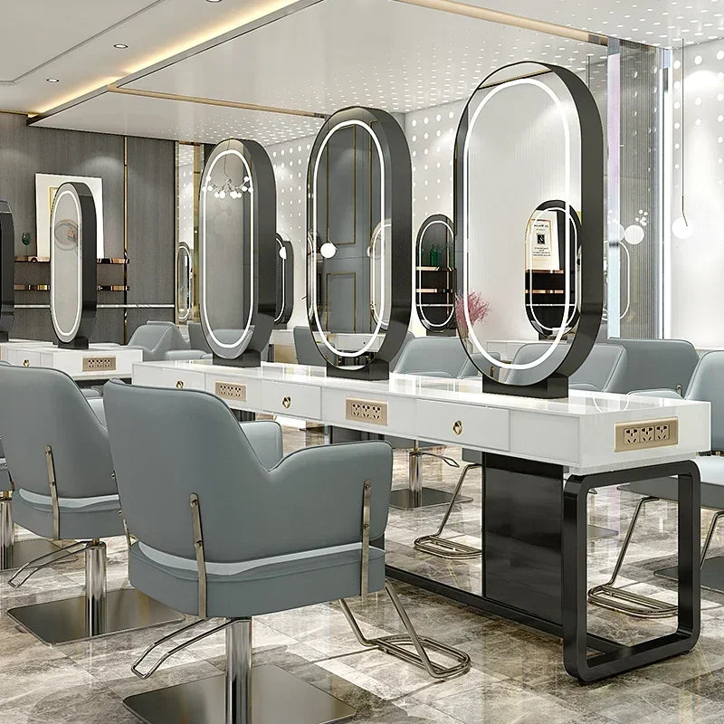 SS newBarber Shop Hair Salon Hair Salon with Socket Hot Dyeing with Light Stainless Steel Floor Dressing Table
