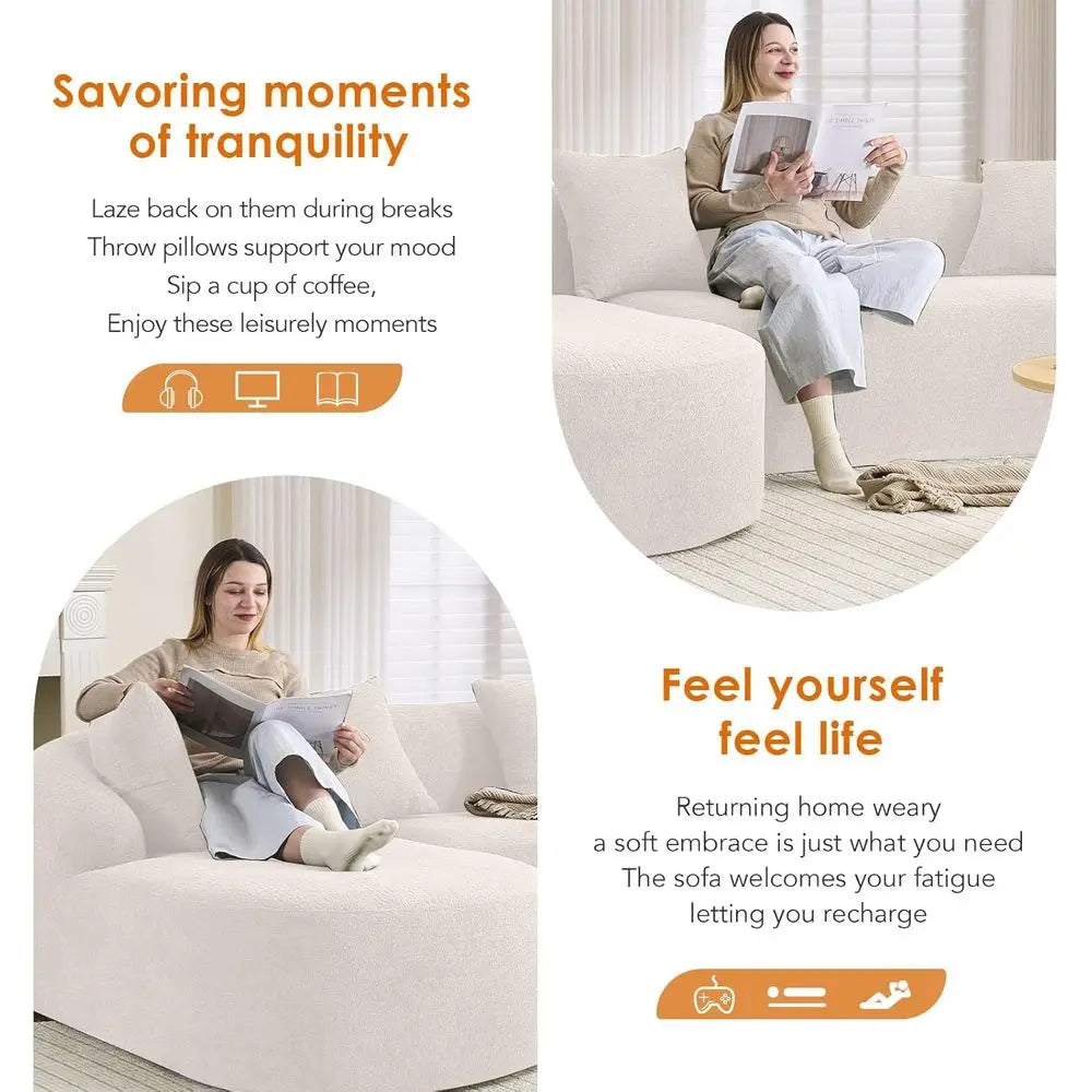 Curved Sectional Sofa, Oversized L-Shape Deep Seating Cloud Sofa, 4-Seater Chenille Couch with Chaise, Ready to Use, Beige White