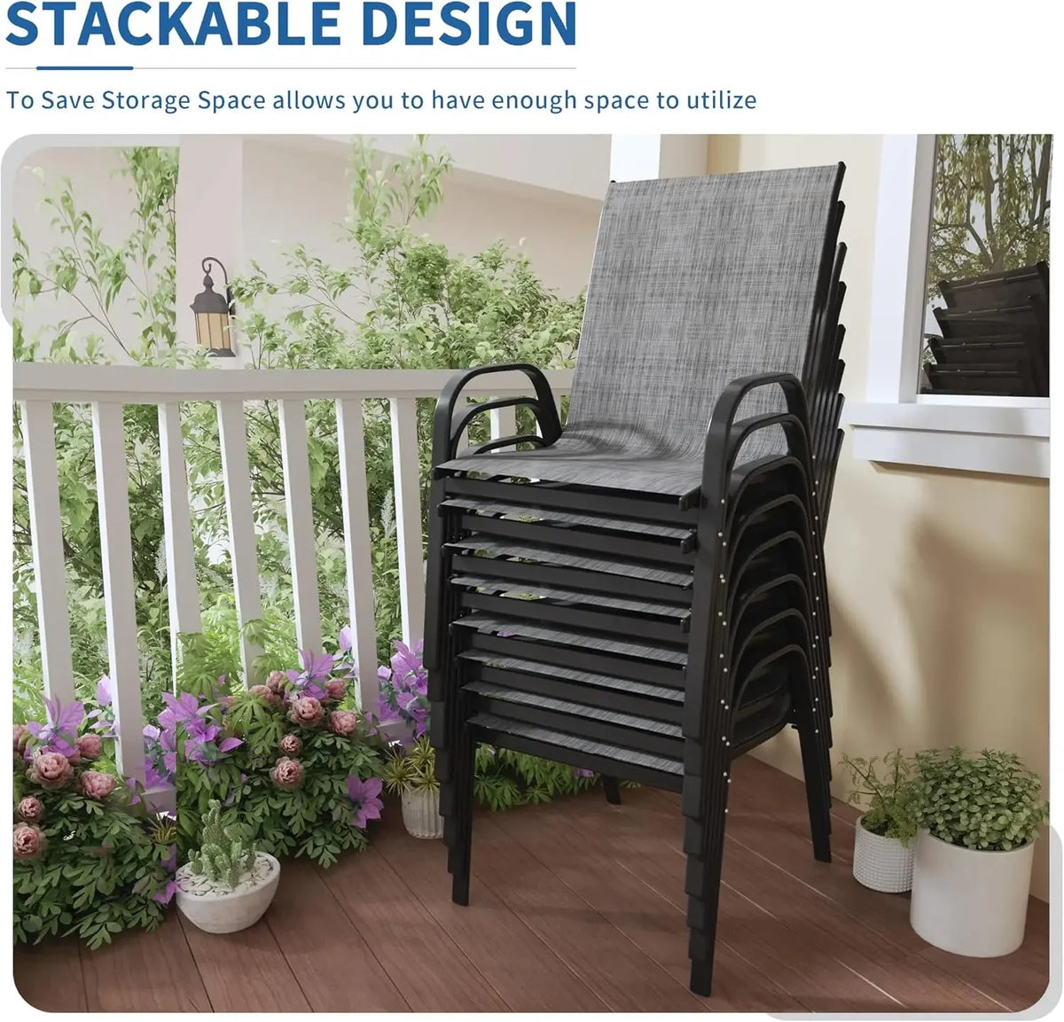 Patio Chairs Set of 8 - Outdoor Stackable Dining Chairs for All Weather - Lightweight Textilene Outdoor Chair Sets with Armrests