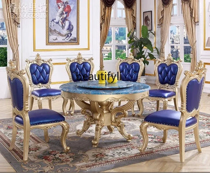 A55 European dining table andchairs American marble round table with turntable solid wood carving flower luxury champagne gold r