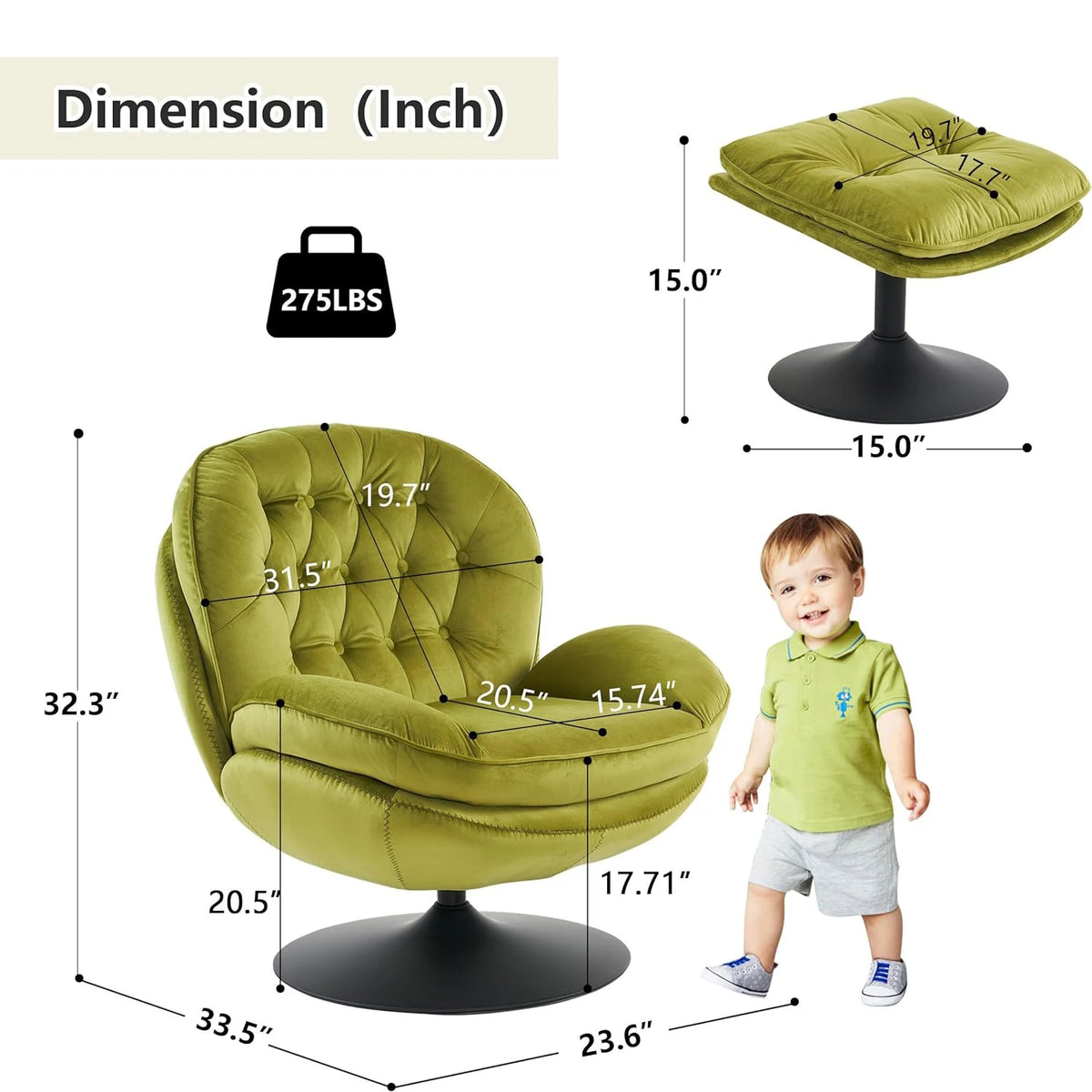 Velvet Swivel Armchair Set with Ottoman for Living Room - Modern Tufted Accent Chairs with 360° Swivel & Footrest - Comfy Chais