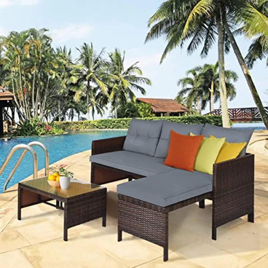 Patio Corner Sofa Set 3-Piece Outdoor Conversation Furniture in Grey with Lounge Chair Double Chair and Coffee Table fo
