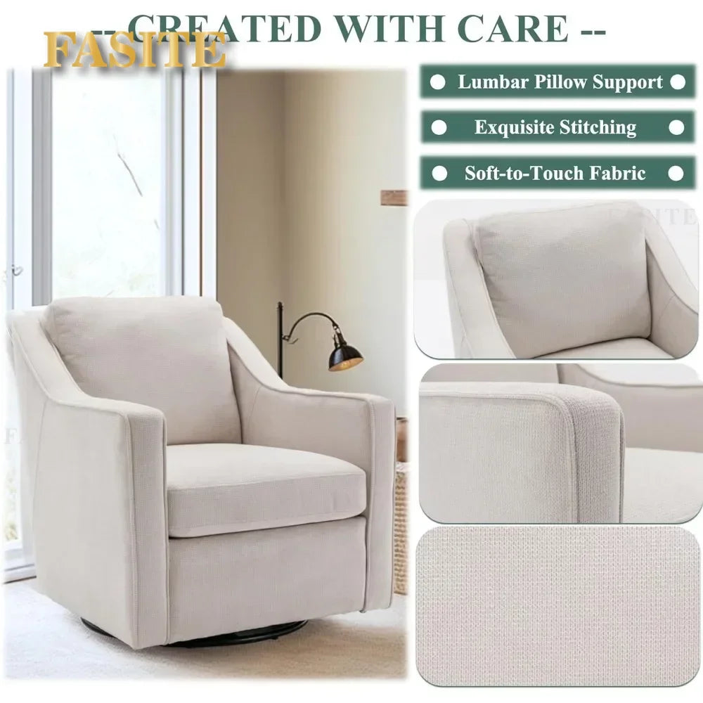 Premium Living Chair Fabric Leisure Armchair With Innerspring Seat Cushion Lumbar Pillow Metal Base Swivel Accent Chair