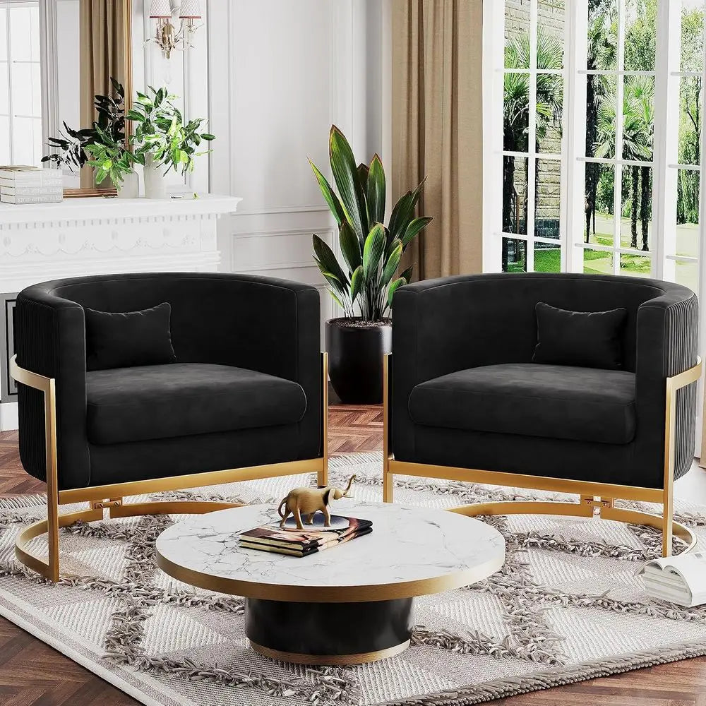 Gold Barrel Chair, Upholstered Arm Chairs for Bedroom, Living Room, Sofa Chair, Club Chairs, Black