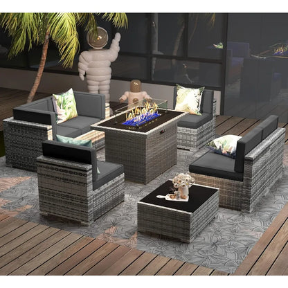 outdoor sectional wicker sofa set with propane gas fire pit table and coffee table