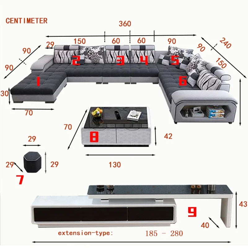 -furniture 7 seater living room  sectional big latex sofa