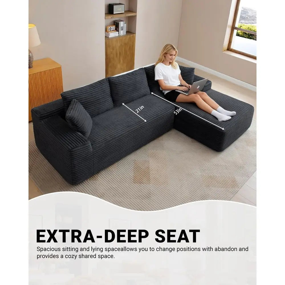 Modern 108 L-Shape Sectional Sofa, Deep Seated Cloud Couch, Corduroy Fabric, Black, Right Chaise, Living Room Furniture, No Asse