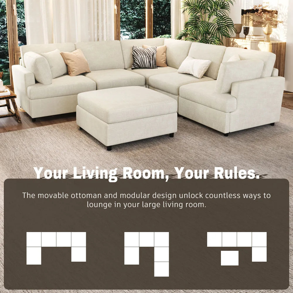 127 inch U-shaped segmented sofa with movable Ottoman style, 6-piece set of chenille fabric sofa