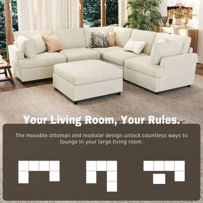 127 inch U-shaped segmented sofa with movable Ottoman style, 6-piece set of chenille fabric sofa