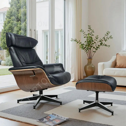 Modern Reclining Swivel Lounge Chair, With Walnut Black Genuine Leather, Ottoman Included