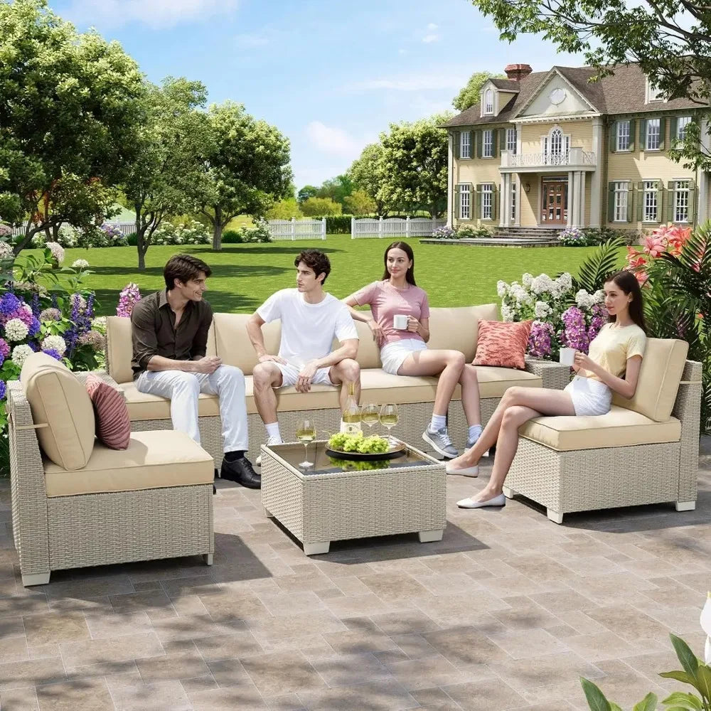 7 Pieces Outdoor Patio Furniture Set, Outdoor Sectional Furniture Set, All-Weather PE Rattan Wicker Sofa with, Customized
