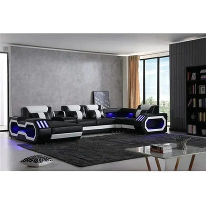 Modern LED Lighted Sofa Set with Recliner, Adjustable Headrest & Console | Luxury Leather Sectional Couch | Futuristic Furniture