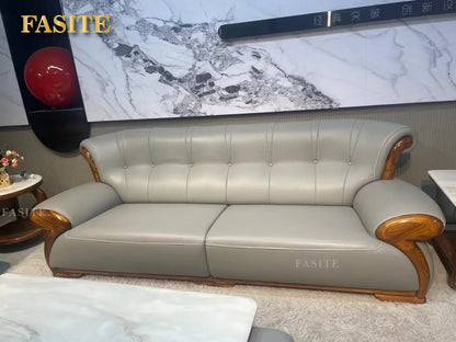 Ebony leather sofa modern light luxury high-end living room villa first layer cowhide solid wood new Chinese-style small