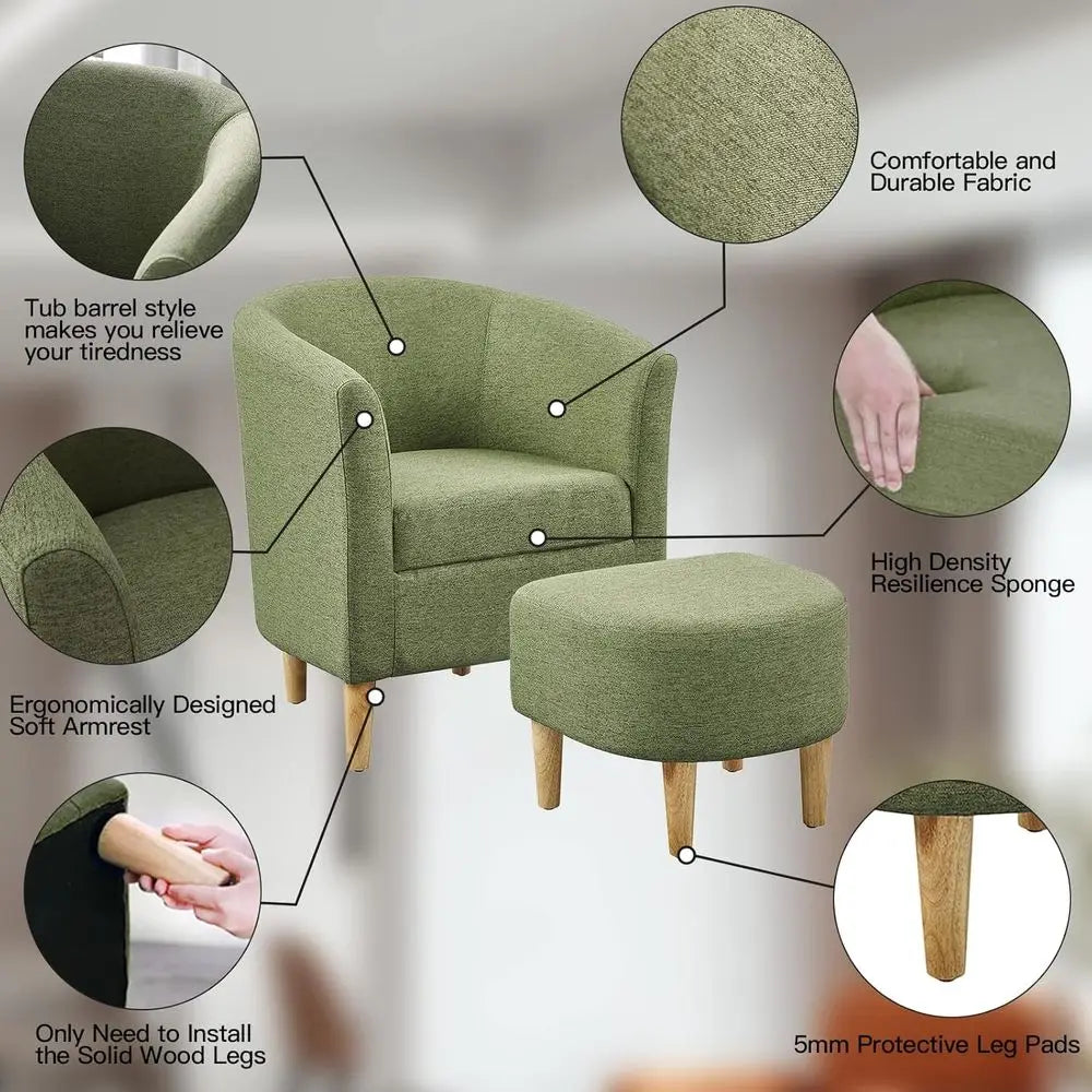 Elegant Upholstered Barrel Chair with Ottoman, Comfortable for Living Room or Bedroom, Green