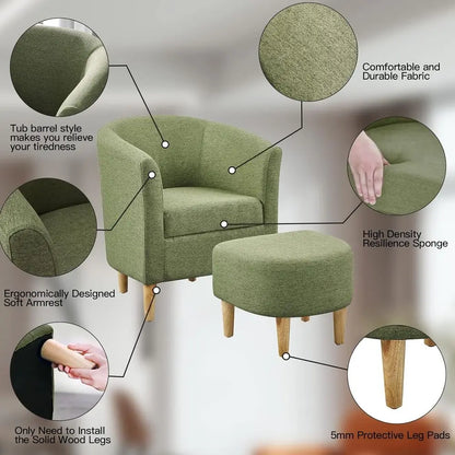 Elegant Upholstered Barrel Chair with Ottoman, Comfortable for Living Room or Bedroom, Green