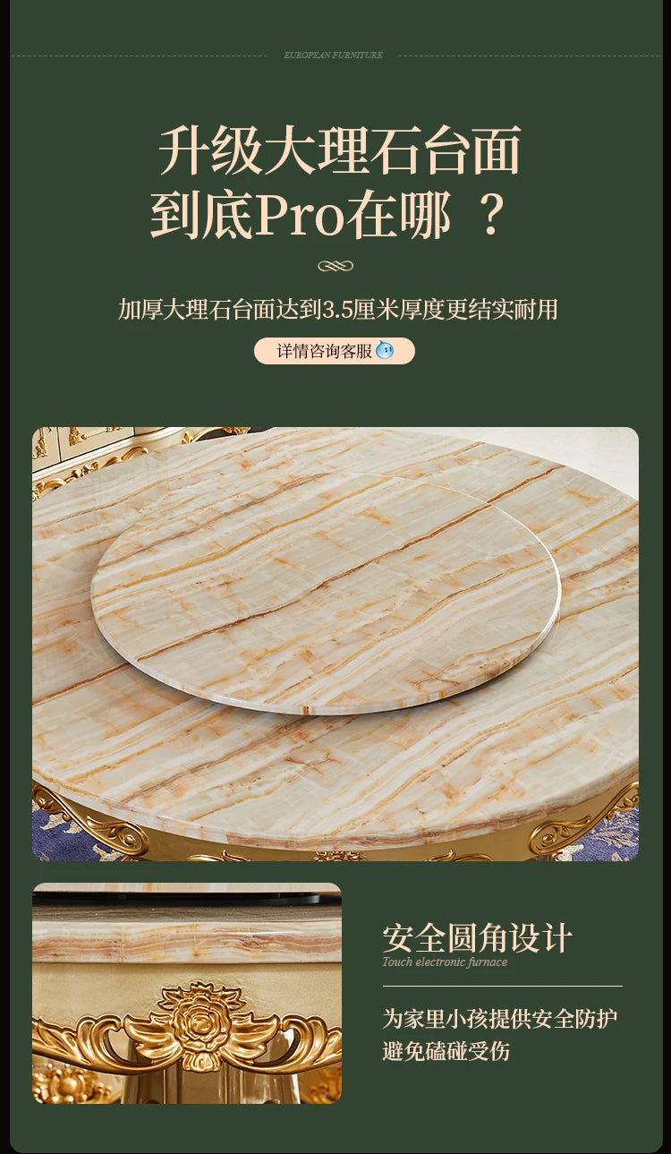 European dining table marble surface full solid wood carving flower home table and chair combination