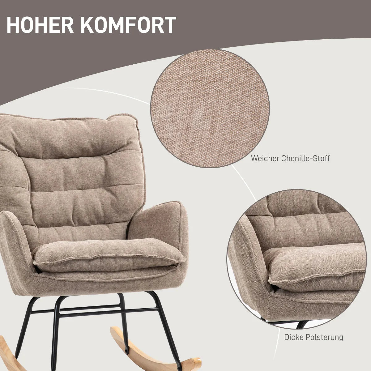 Brown Chenille-Look Rocking Chair (120kg Cap, Armrests, Living/Bedroom)