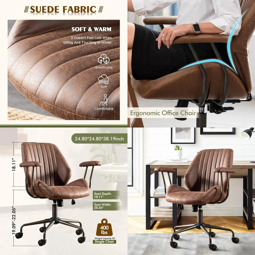 ergonomic high-back swivel chair in modern style with brown suede fabric for comfortable home office use