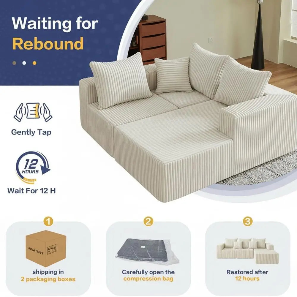Cloud Sectional Couch, Boneless Sofa for Living Room, Corduroy Modular Couch with L Shape Chaise, Modern Compressed Sofa in a Bo