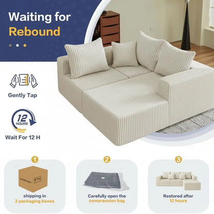 Cloud Sectional Couch, Boneless Sofa for Living Room, Corduroy Modular Couch with L Shape Chaise, Modern Compressed Sofa in a Bo