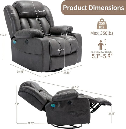 360° Swivel Rocker Recliner Chair Heat Massage Manual Glider Reclining USB Ports Grey