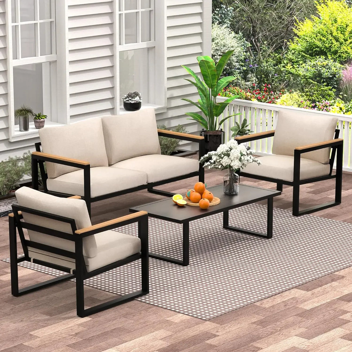 Patio Furniture Set, 4 Pieces Outdoor Patios Furnitures with Table Set, Patios Conversation Sets, Outdoor Patio Furniture Sets