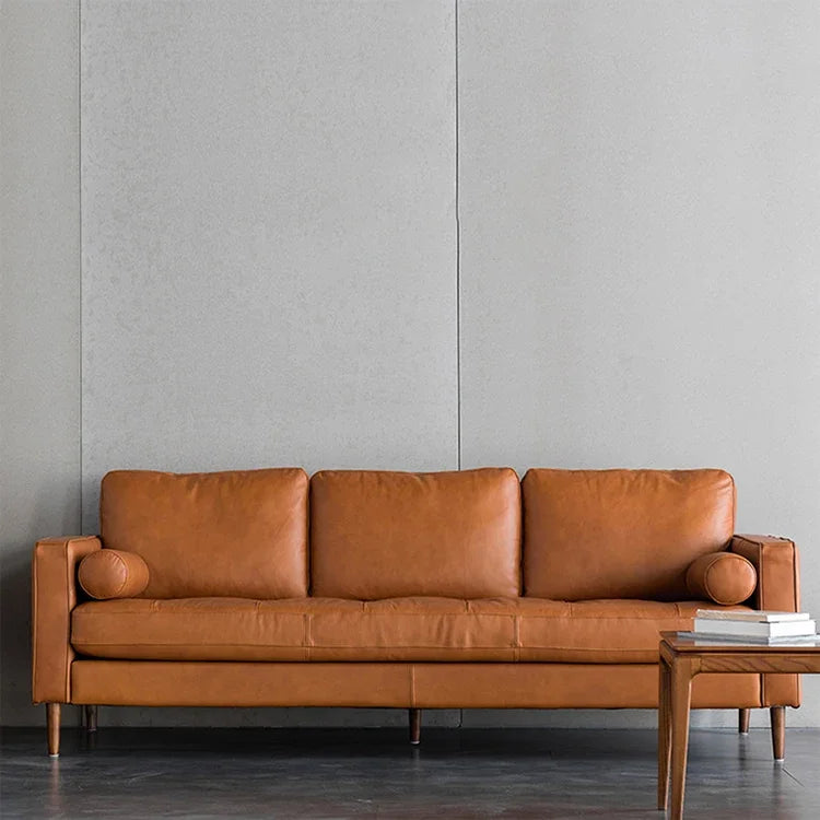 for Mid Century Modern Genuine Leather 3 Seat Sofa Home Furniture Vintage Wood Leg Sofa Living Room Sofas Set