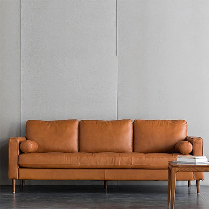 for Mid Century Modern Genuine Leather 3 Seat Sofa Home Furniture Vintage Wood Leg Sofa Living Room Sofas Set