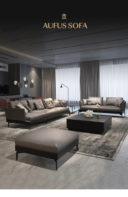 Italian sofa light luxury nappa leather furniture large apartment living room gray Nordic simple modern Hong Kong model room