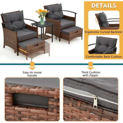All-Weather 5-Piece PE Wicker Rattan Patio Furniture Set with Cushioned Chairs and Metal Coffee Table