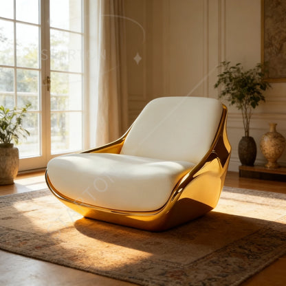 High-End Glamorous Accent Chair with Gold Fiberglass and White Upholstery for Upscale Home Interiors